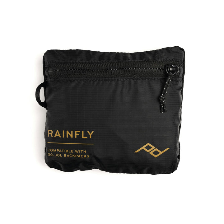 A black Rainfly-compatible compact rain pouch with gold text and logo, shown on a plain white background.