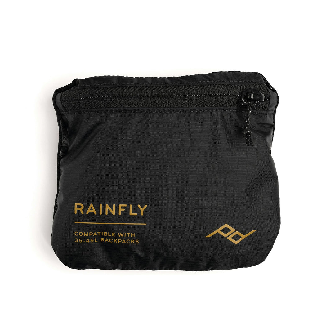 Black rain fly with gold text and logo on a white background