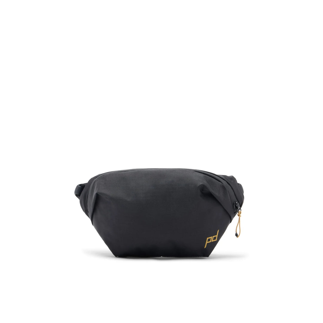 Black waist bag with a brand logo on a white background