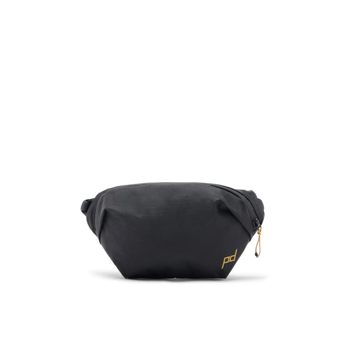 Black waist bag with a brand logo on a white background