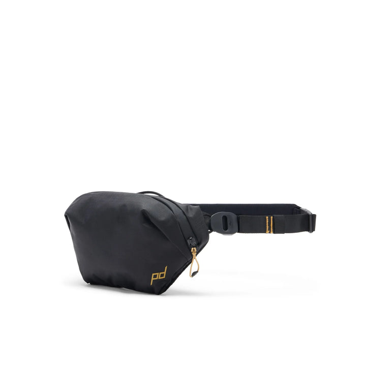 Black waist bag with a brand logo on a white background