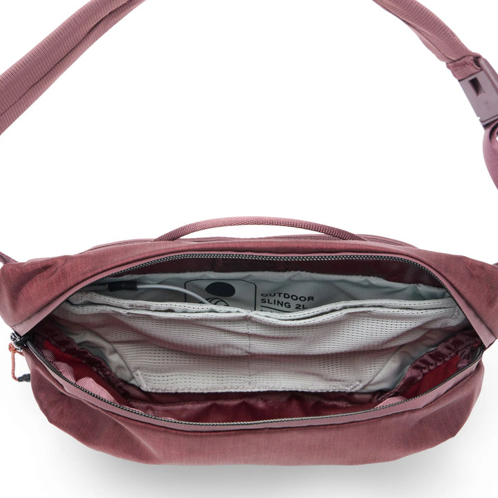 Maroon sling bag with interior view on a white background