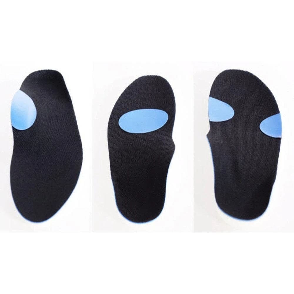 Three black insoles with blue oval patches on them against a white background