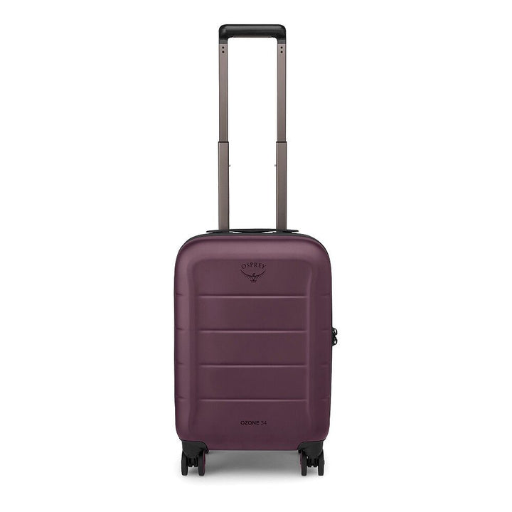 A hard-shell carry-on suitcase in a deep plum purple color, featuring a telescoping handle extended upwards and four spinner wheels, shown against a plain white background.
