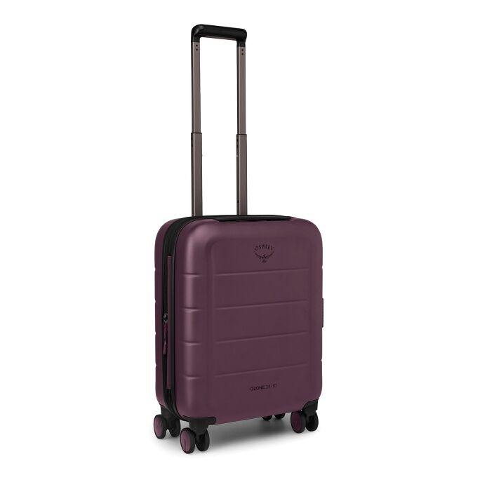 A purple hard-shell spinner suitcase with an extended telescopic handle, shown on a plain white background.