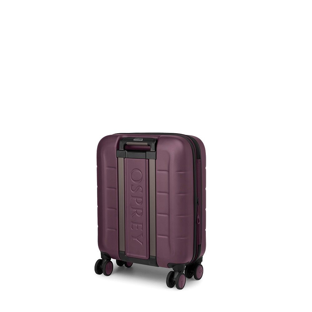 A hard-shell carry-on suitcase in a deep plum purple color, featuring a vertical metallic bronze accent panel with the embossed brand name &