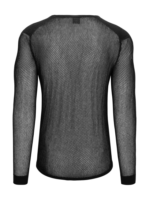 Black long-sleeve shirt with mesh design on a white background