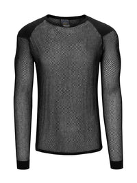 Black long-sleeve shirt with mesh design on a white background