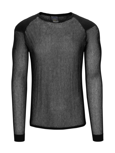 Black long-sleeve shirt with mesh design on a white background