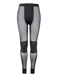 Black fishnet leggings with fabric panels on a white background
