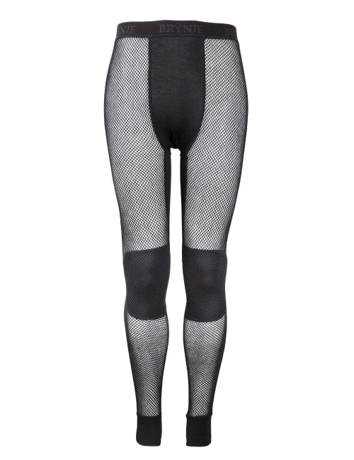 Black fishnet leggings with fabric panels on a white background