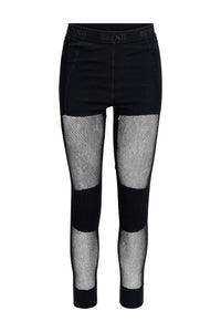 Black leggings with fishnet panels on a white background