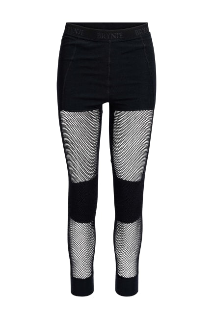Black leggings with fishnet panels on a white background