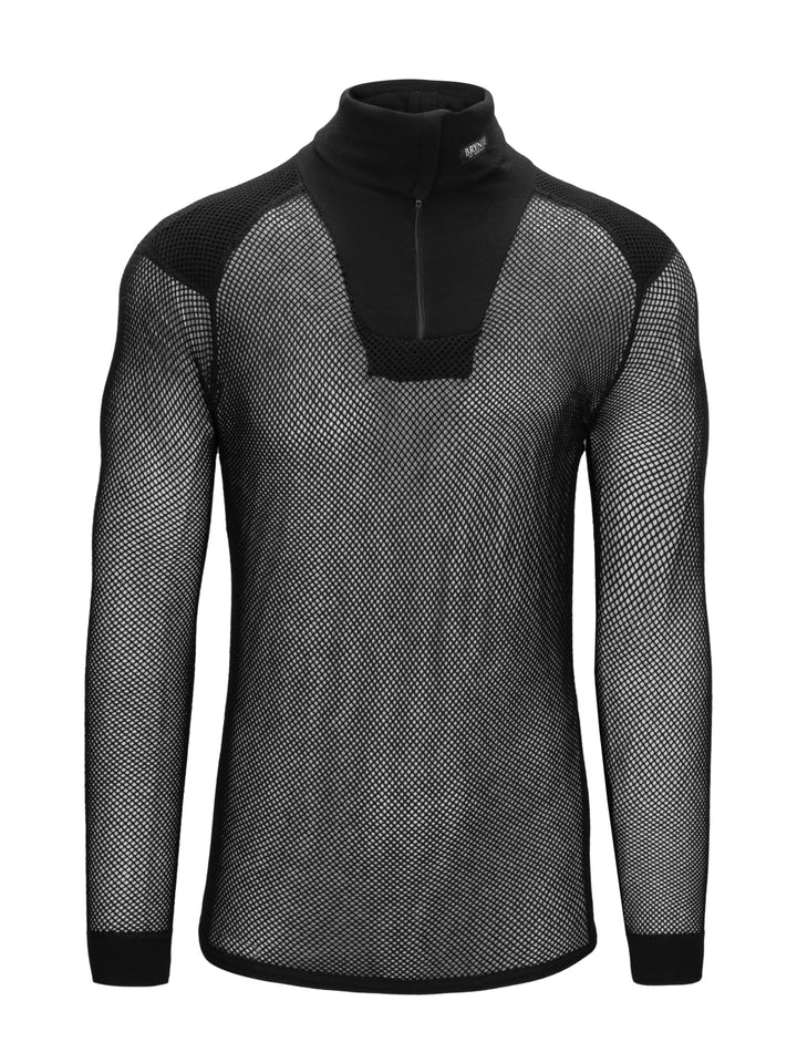 Black and gray mesh long-sleeve shirt with a quarter zip on a white background