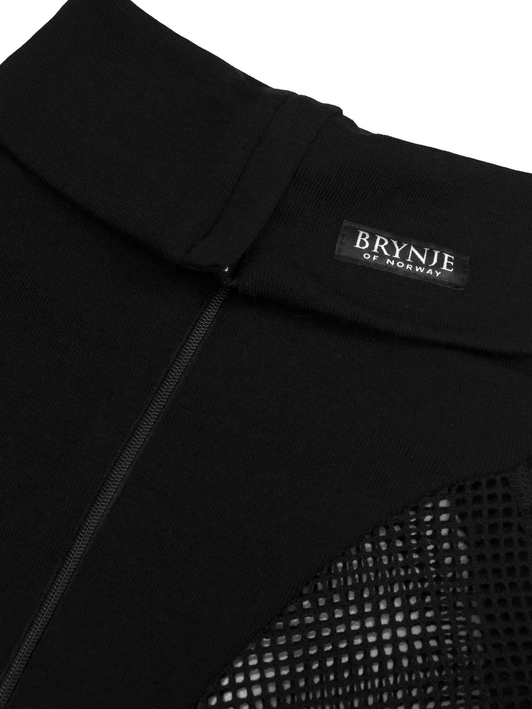 Close-up of a black garment with a Brynje label on a white background
