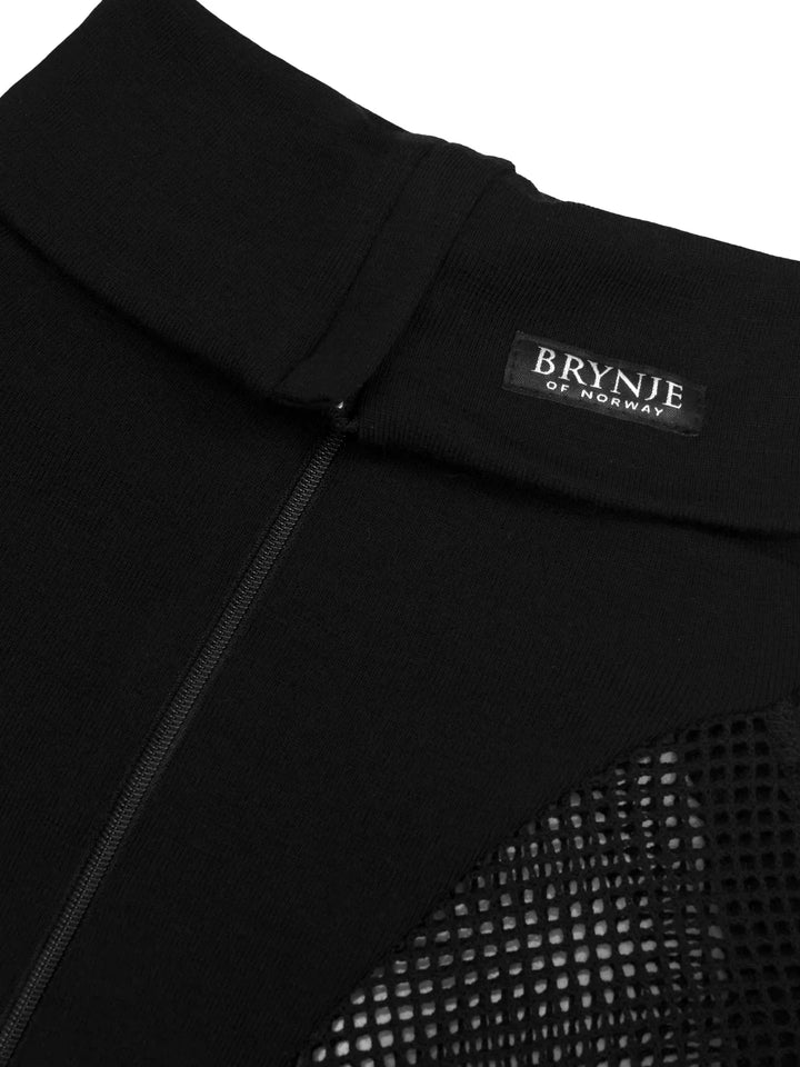 Close-up of a black garment with a Brynje label on a white background