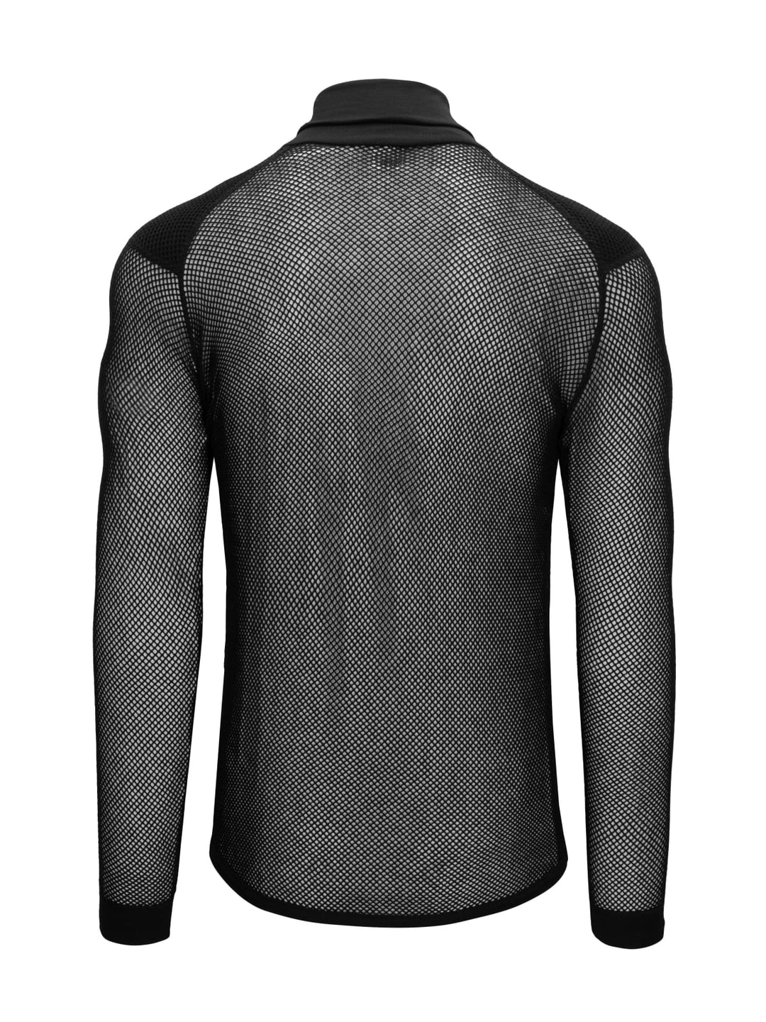 Black long-sleeve athletic shirt with mesh design on a white background