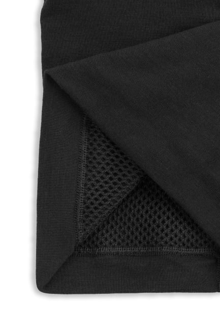 Black neck gaitor with textured mesh pattern on the inside on a white background