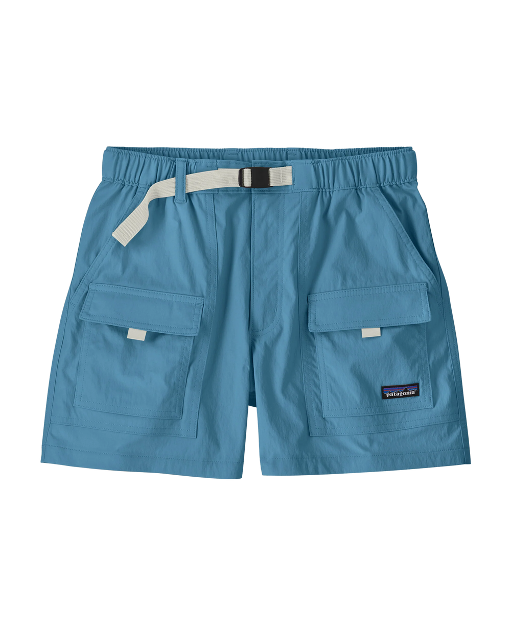 A pair of Patagonia blue cargo shorts with a matching light blue belt, featuring two large front flap pockets and a small Patagonia logo patch on the lower right leg, shown against a plain white background.
