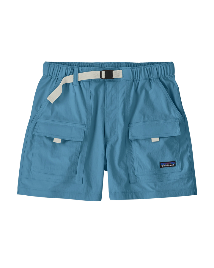 A pair of Patagonia blue cargo shorts with a matching light blue belt, featuring two large front flap pockets and a small Patagonia logo patch on the lower right leg, shown against a plain white background.