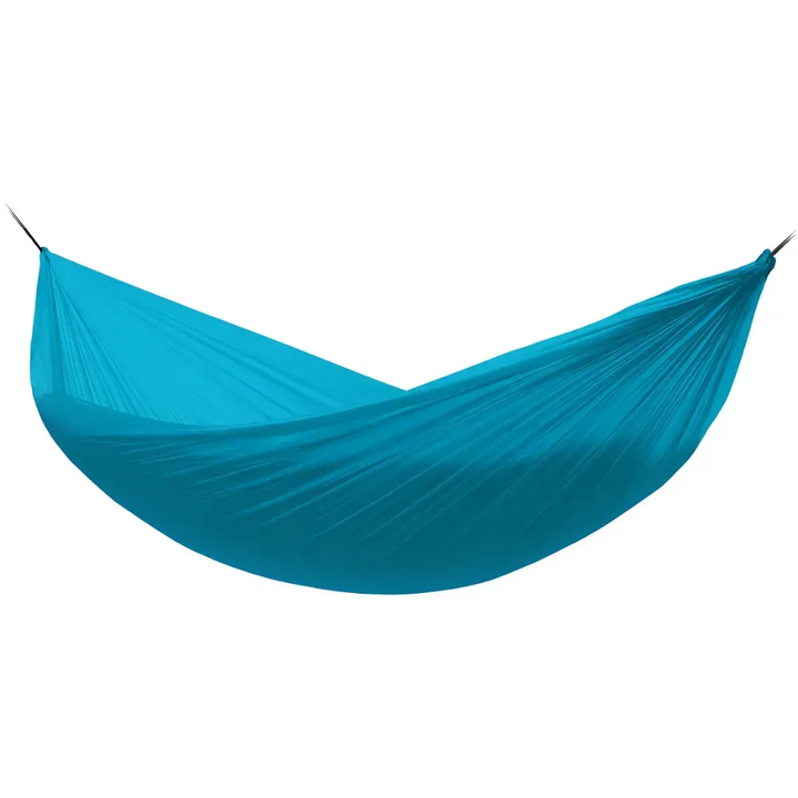 A bright turquoise blue camping hammock suspended between two black metal or rope anchors against a solid white background.