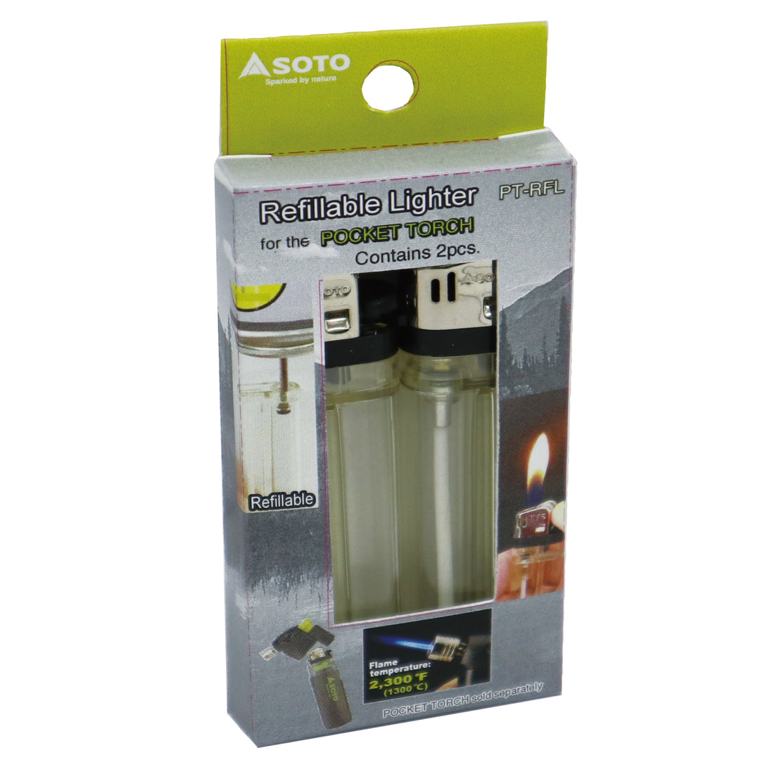 Soto Refillable Pocket Torch lighters in retail packaging, containing two clear refillable torches with black and silver tops, shown against a plain white background.