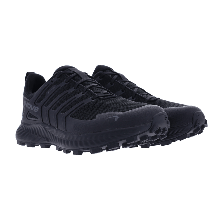 Pair of black hiking shoes on a white background