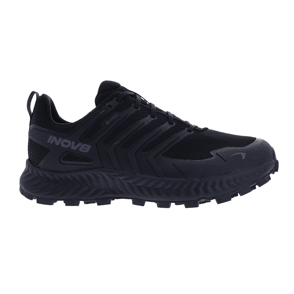 Black hiking shoe with INOV8 branding on a white background