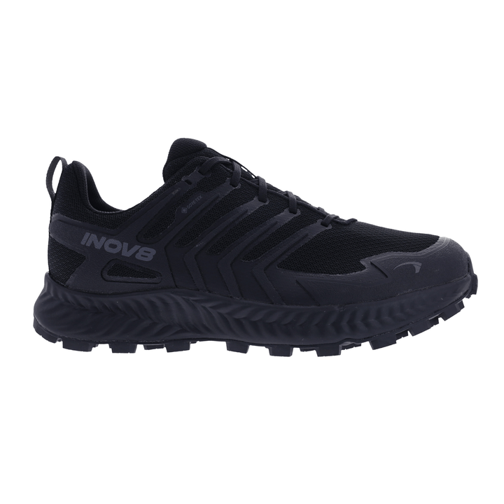 Black hiking shoe with INOV8 branding on a white background