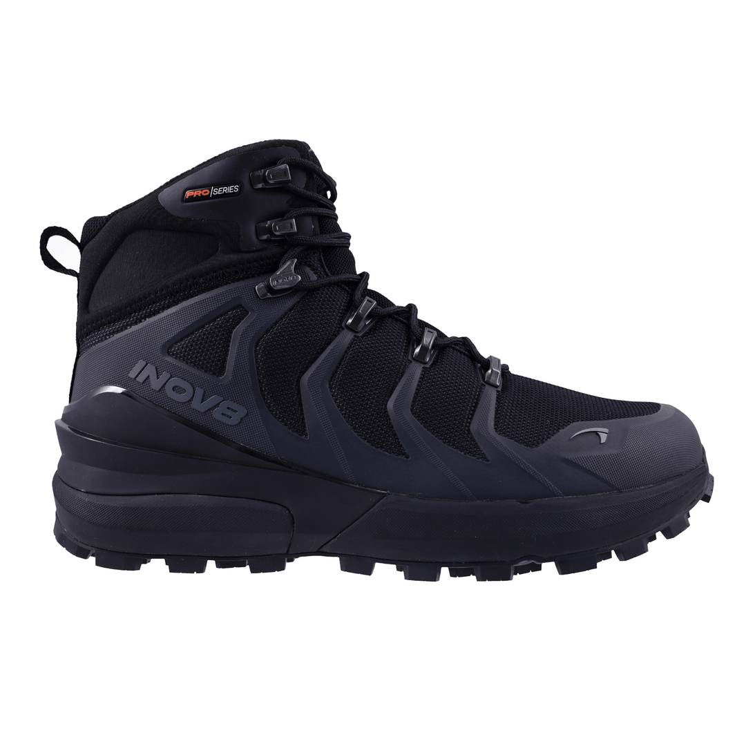 Black hiking boot with INOV8 logo on a white background