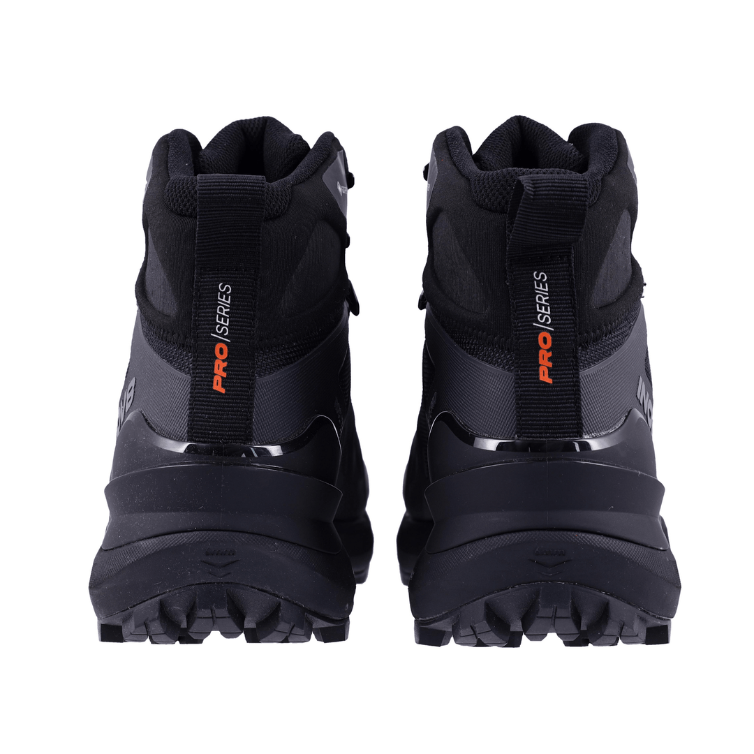 A pair of black hiking boots viewed from behind displaying PROSERIES labels