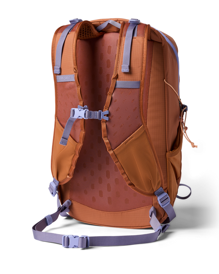 Orange backpack with purple straps on a white background