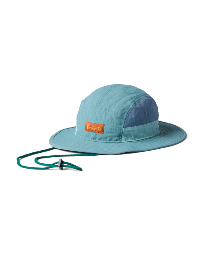 Light blue bucket hat with a logo on a white background