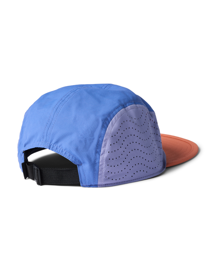 Blue and peach with a black strap on a white background