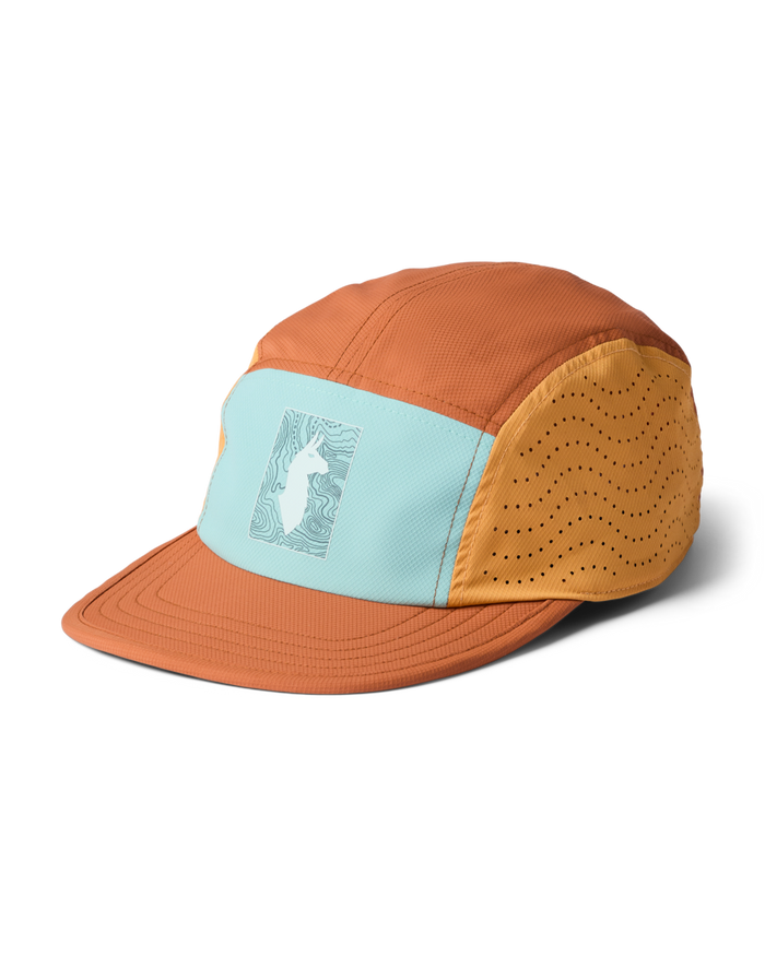 Orange cap with a light blue panel featuring a logo on a white background