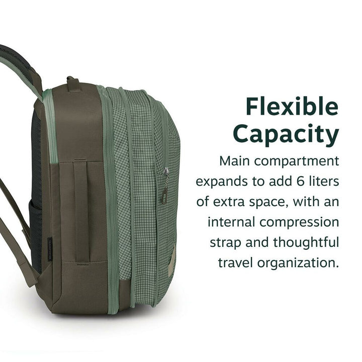 A side view of a backpack on a white background with text on the right reading &