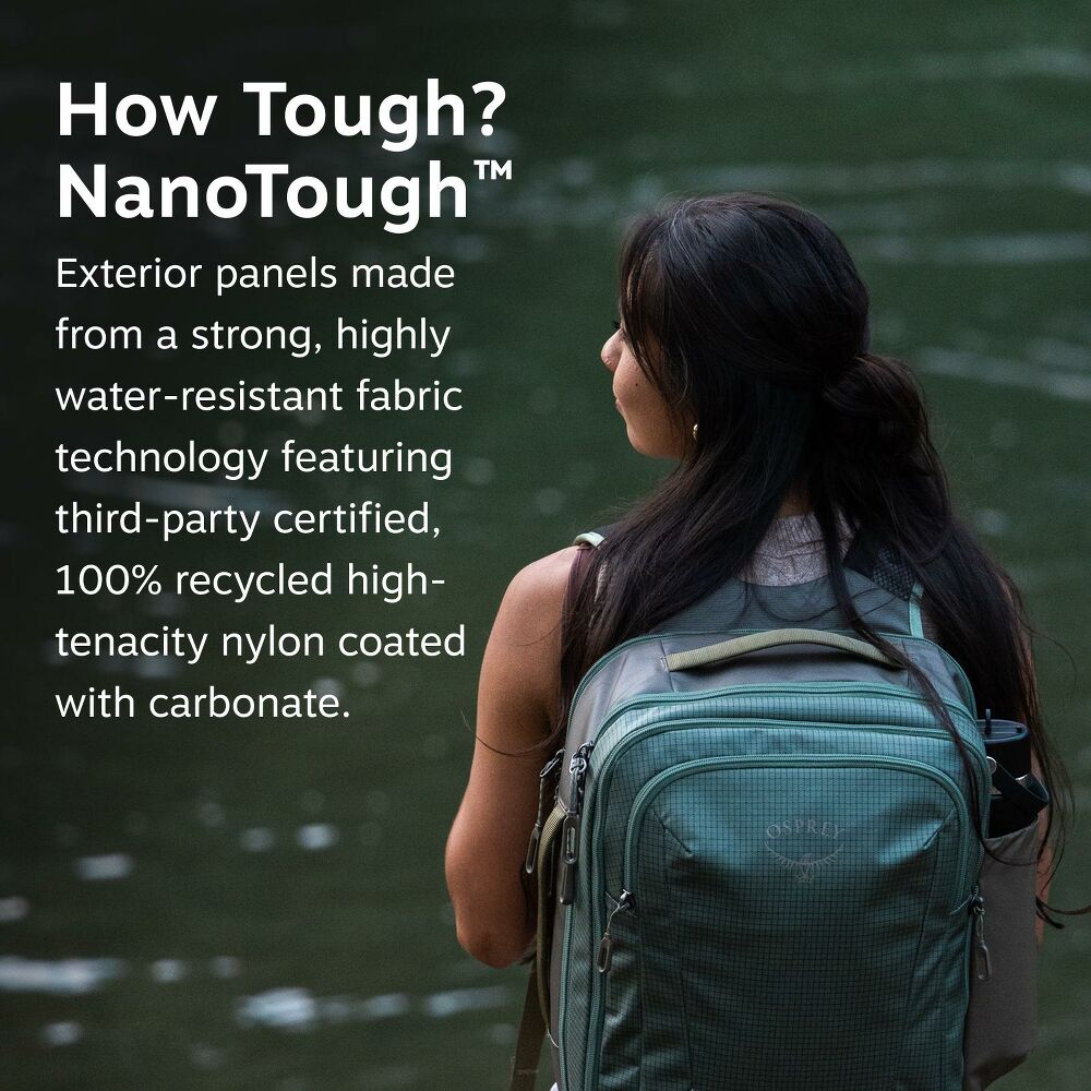 A woman seen from behind wearing a dark green NanoTough backpack, standing by a body of water with promotional text on the left side of the image.