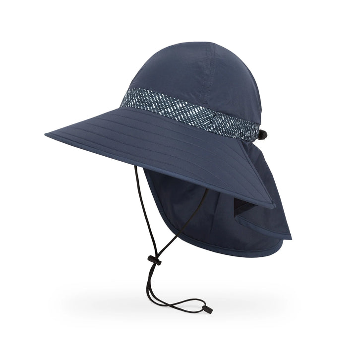 A navy blue wide-brim sun hat with a chin strap and a textured patterned band around the crown, shown on a clean white background.