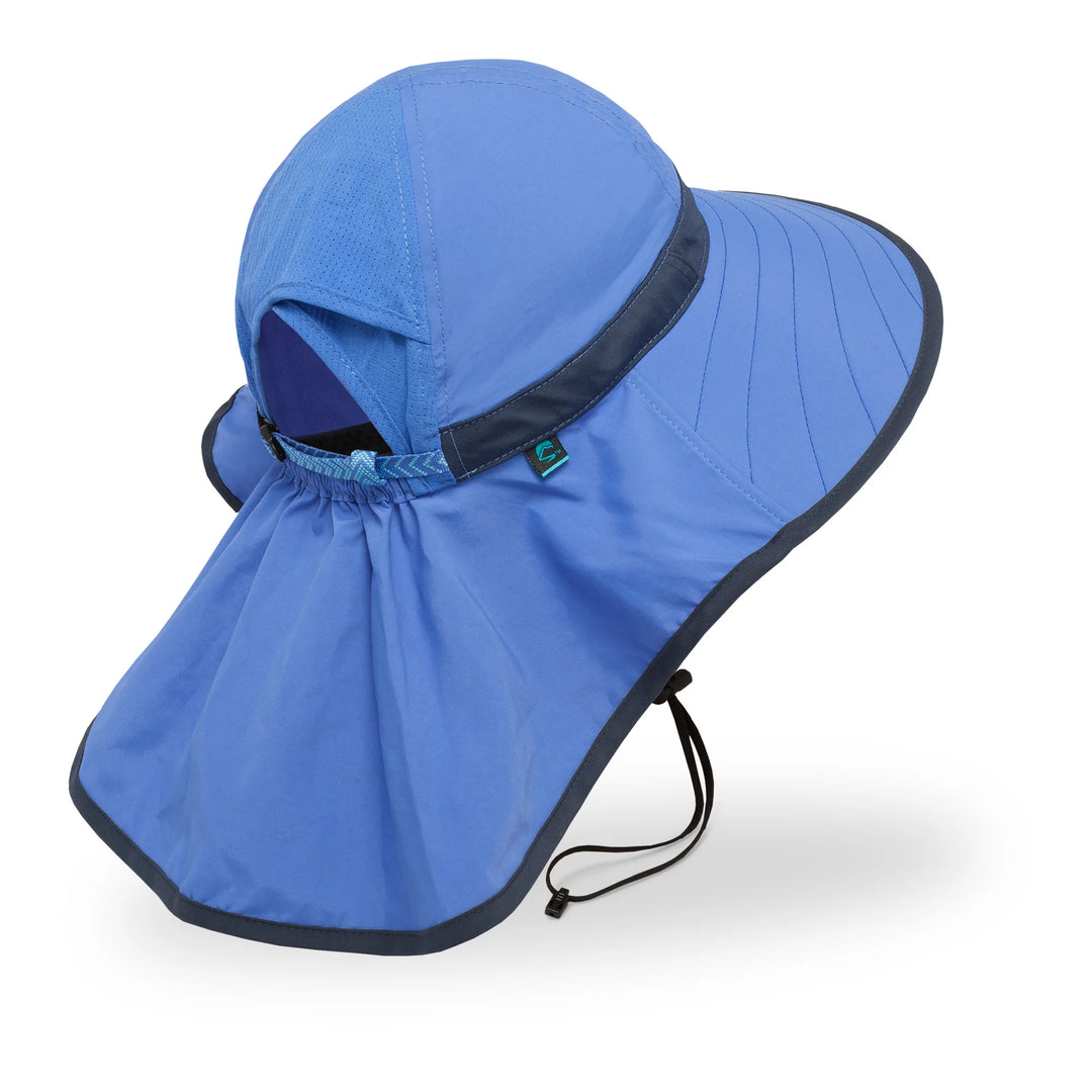 Blue sun hat with neck flap on a white background