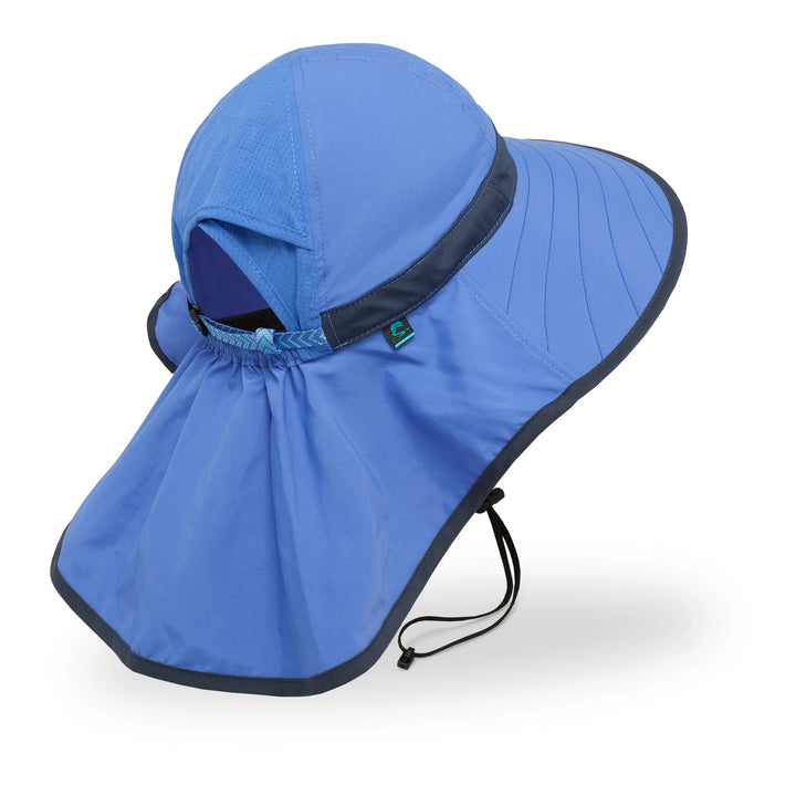 Blue sun hat with neck flap on a white background