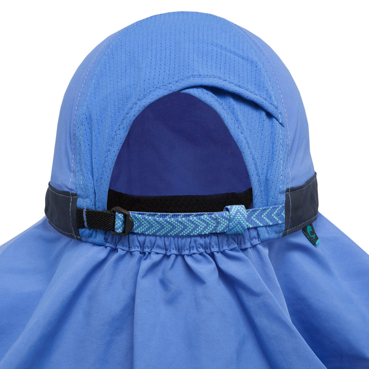 Close-up of the back of a blue sun hat with a neck flap and adjustable black and blue chin strap, shown on a white background.