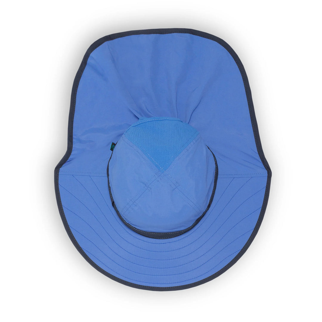 Blue sun hat with black rim on a white background