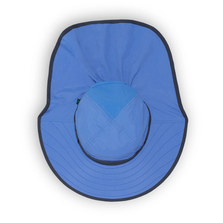 Blue sun hat with black rim on a white background