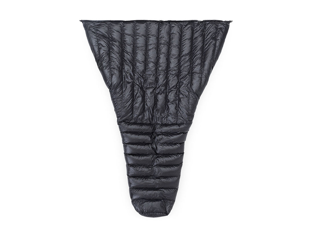 A black quilted puffer sleeping quilt shown flat against a plain white background.