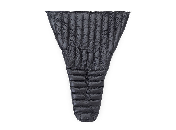 A black quilted puffer sleeping quilt shown flat against a plain white background.