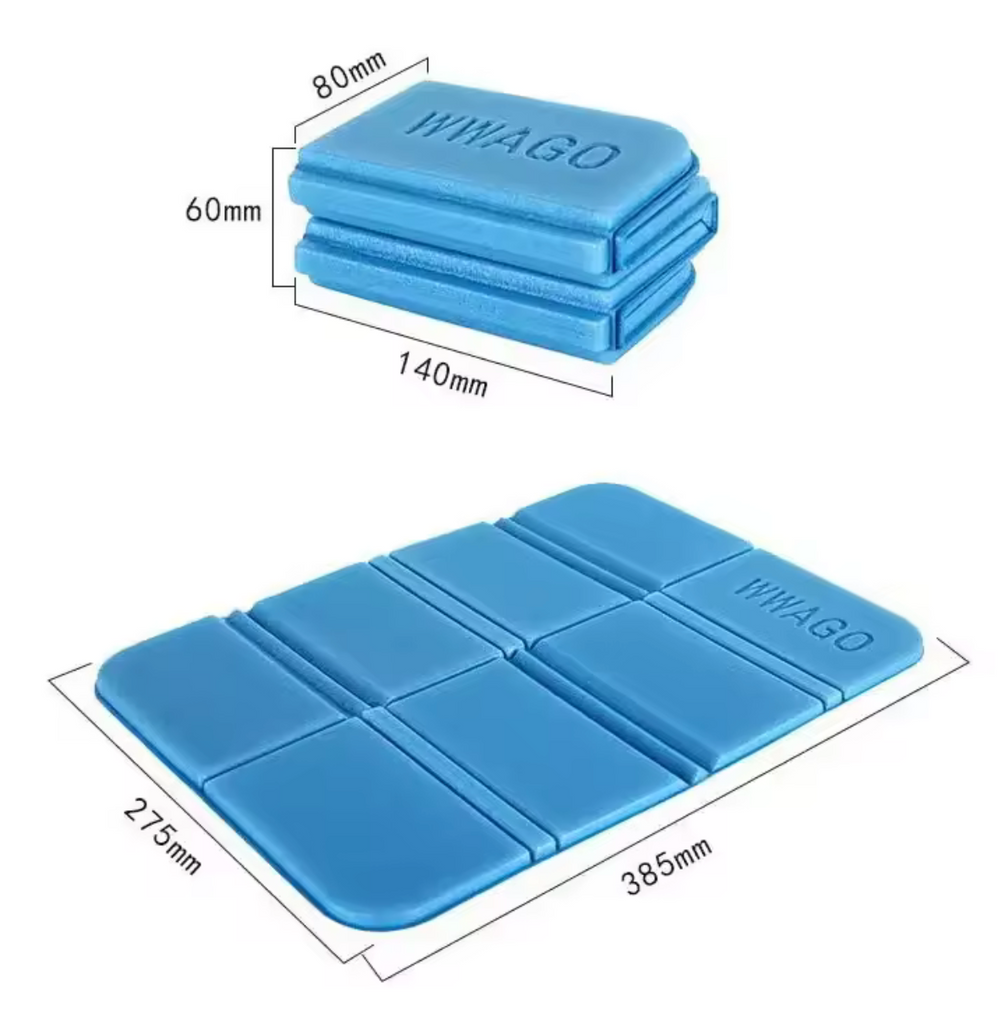 Blue foam mat with dimensions and 'WWAGO' branding on a white background