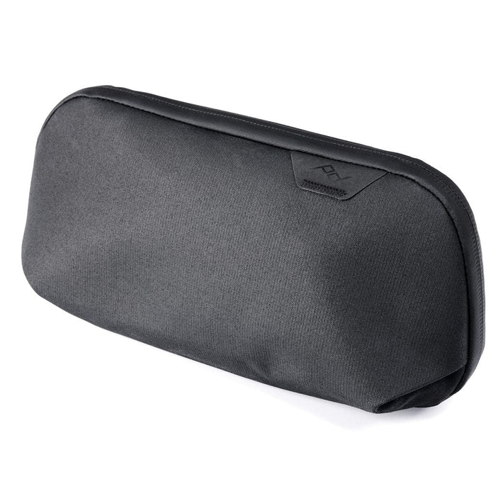 Dark grey accessory pouch with brand logo on a white background 