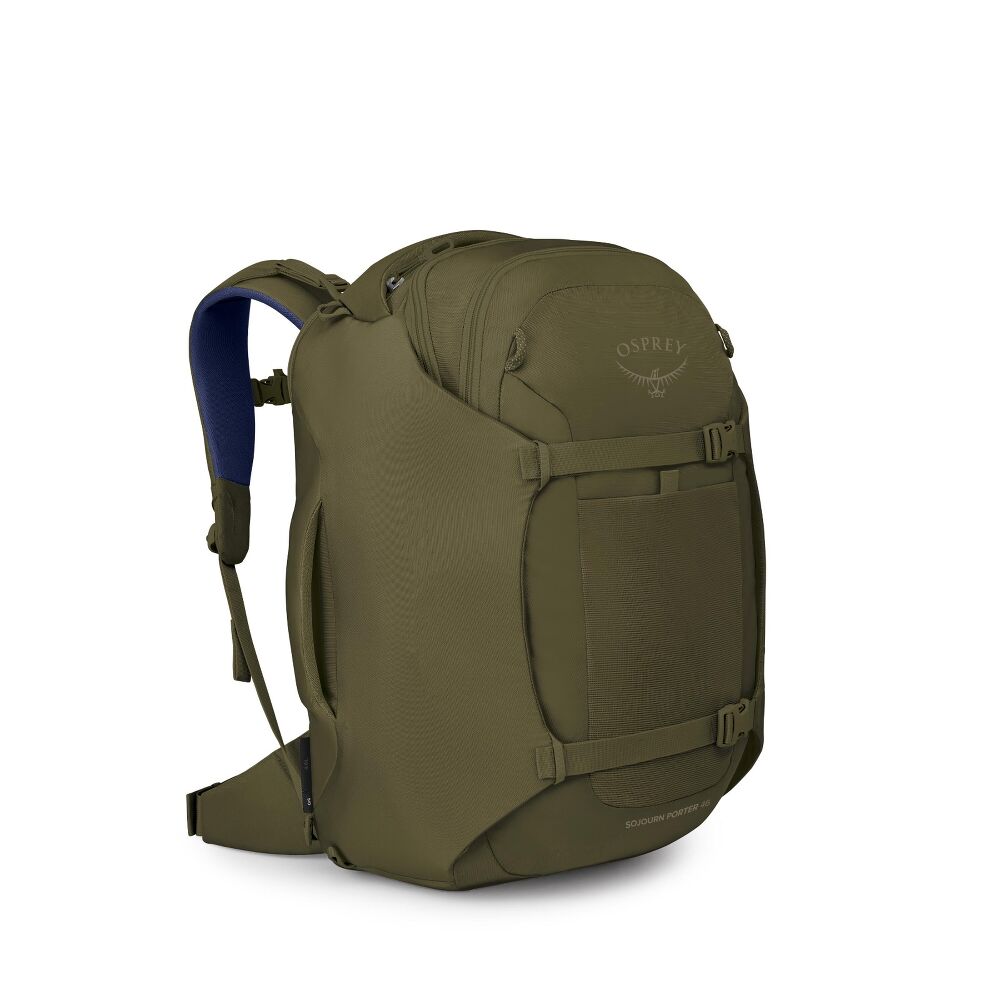 An olive green Osprey backpack shown from a three-quarter angle against a plain white background, featuring a dark blue padded shoulder strap.