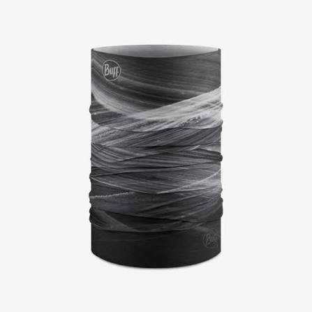 Black and gray patterned neck gaiter with Buff logo on a white background