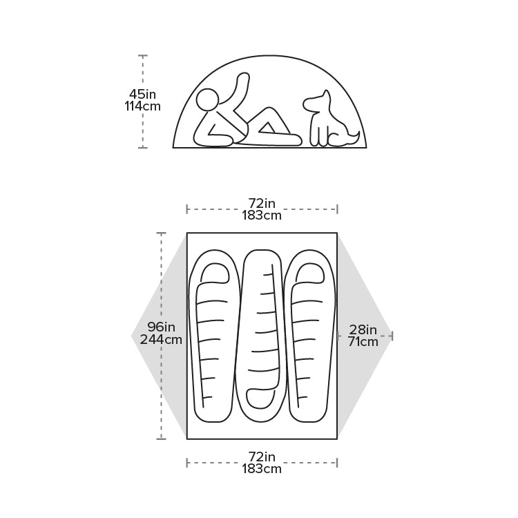 Diagram of a tent with dimensions labelled